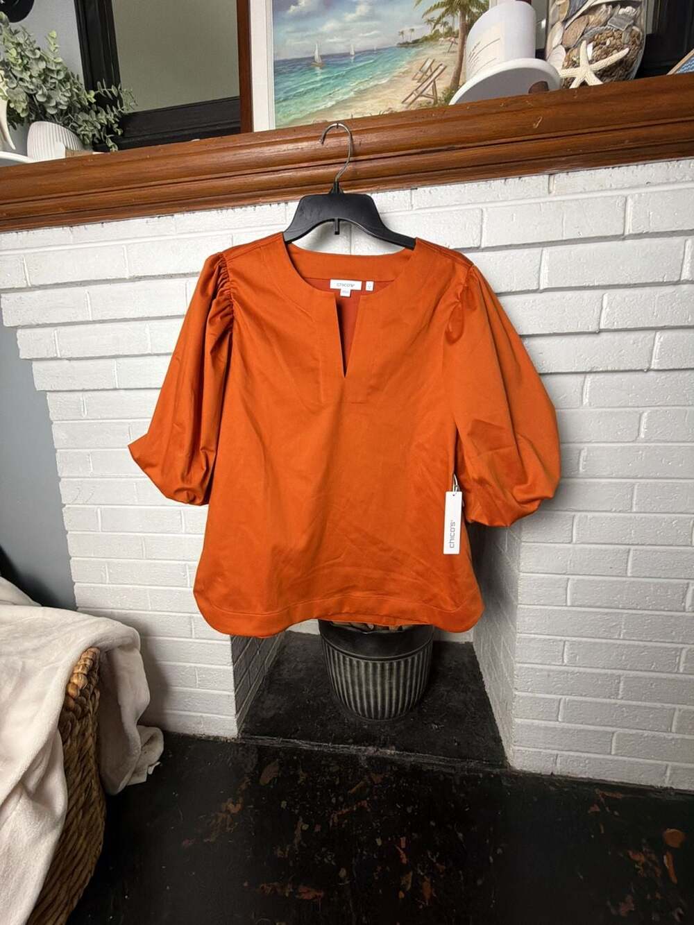 Chico's No Iron Stretch Puff Sleeve Pullover Burnished Clay Orange Size 1